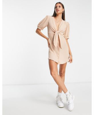 ASOS DESIGN tie front button through mini dress in stone-Neutral