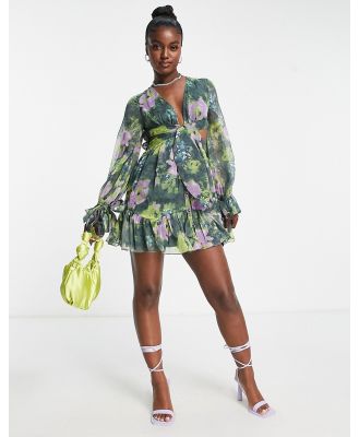 ASOS DESIGN tie front soft mini dress with cuff and waist detail in green floral print-Multi