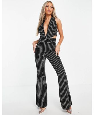 ASOS DESIGN tux halter cut-out belted jumpsuit with flare leg in black pinstripe-Neutral