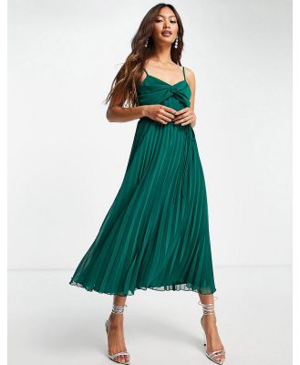 ASOS DESIGN twist front pleated cami midi dress with belt in forest green