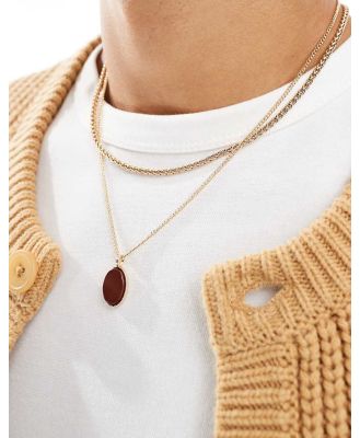 ASOS DESIGN two row necklace with red semi-precious oval pendant in gold tone