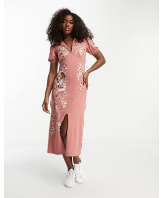 ASOS DESIGN ultimate midi tea dress with collar and floral embroidery in rose-Pink