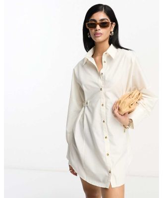 ASOS DESIGN utility mini shirt dress with tab waist with horn buttons in cream-White