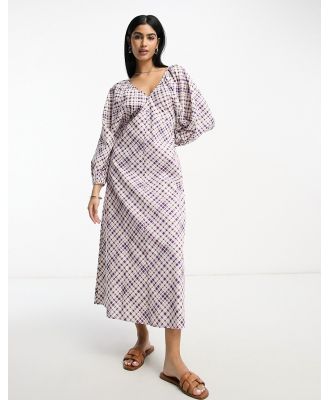 ASOS DESIGN v neck batwing midi dress with open back in purple check-Multi