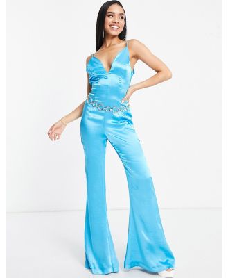 ASOS DESIGN V neck satin jumpsuit with chain belt in turquoise-Blue