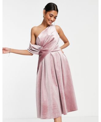 ASOS DESIGN velvet bare shoulder prom midi dress in rose pink-Green