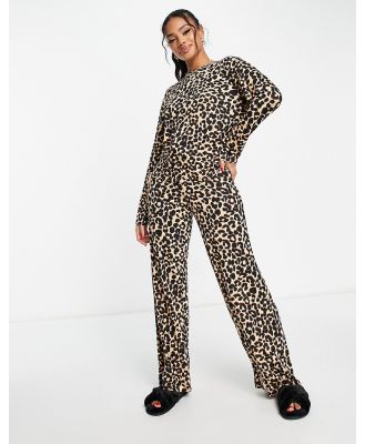 ASOS DESIGN viscose leopard long sleeve top & wide leg pants pyjama set in brown