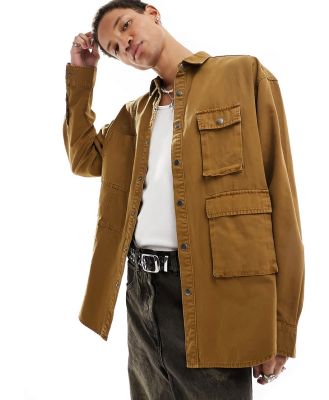 ASOS DESIGN volume oversized shirt with panel detailing and cargo pockets in rust-Brown