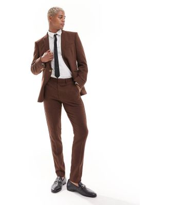 ASOS DESIGN wedding skinny wool mix suit pants in brown basketweave texture