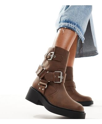 ASOS DESIGN Wide Fit Aim harness biker ankle boots in brown