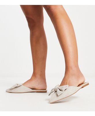 ASOS DESIGN Wide Fit Lass oversized bow pointed flat mules in natural fabrication-Neutral