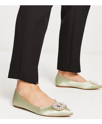 ASOS DESIGN Wide Fit Lola faux pearl embellished pointed ballet flats in sage green satin