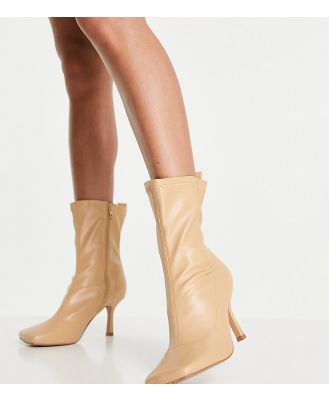 ASOS DESIGN Wide Fit Roma square toe heeled sock boots in camel-Neutral