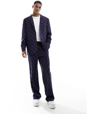 ASOS DESIGN wide leg bias cut check suit pants in navy