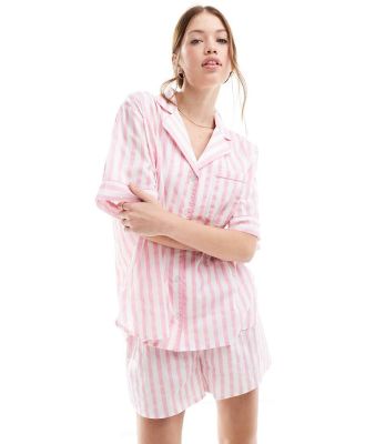 ASOS DESIGN woven stripe short sleeve shirt & boxer shorts pyjama set in pink