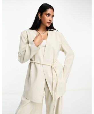 ASOS DESIGN wrap suit blazer with rope belt in natural-Neutral