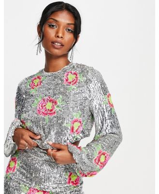 ASOS EDITION blouson sleeve crop top in floral sequin-Silver