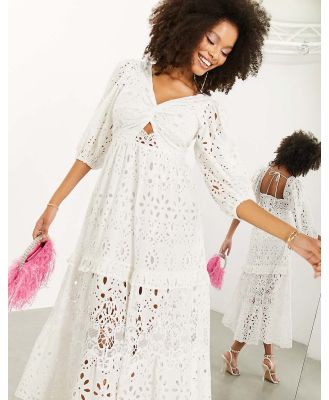 ASOS EDITION broderie twist front midi dress with puff sleeve in white