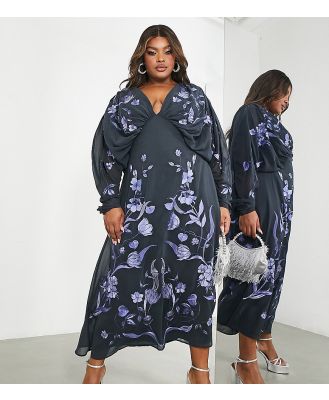 ASOS EDITION Curve batwing chiffon midi dress with floral embroidery in petrol blue-Navy