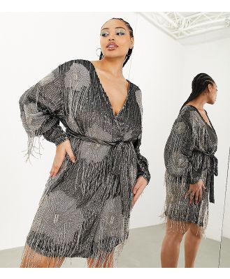 ASOS EDITION Curve floral fringe sequin wrap mini dress in charcoal-Grey