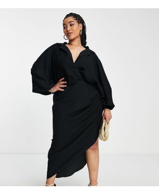 ASOS EDITION Curve textured drape midi shirt dress with tie detail in black