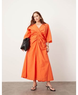 ASOS EDITION Curve textured wide sleeve midi dress with ruched waist in orange-Neutral