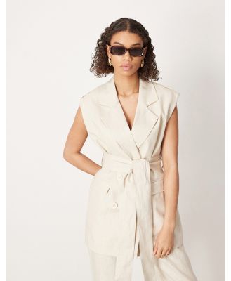 ASOS EDITION double breasted sleeveless blazer with belt in stone (part of a set)-Neutral