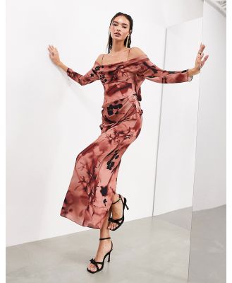 ASOS EDITION drape bardot long sleeve maxi dress in rose floral-Multi