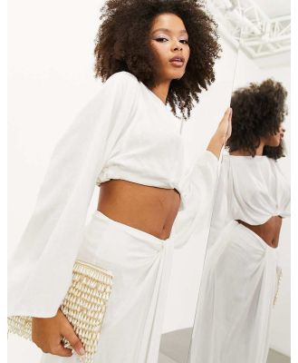 ASOS EDITION drape front linen long sleeve crop top in white