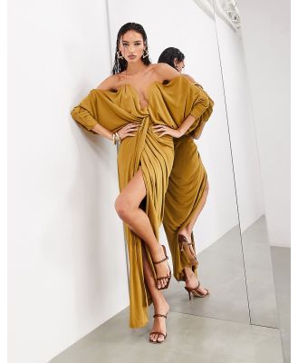 ASOS EDITION extreme plunge draped long sleeve maxi dress in ochre-Brown