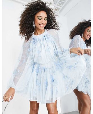 ASOS EDITION floral embroidered mesh mini dress with blouson sleeve in pale blue-Multi