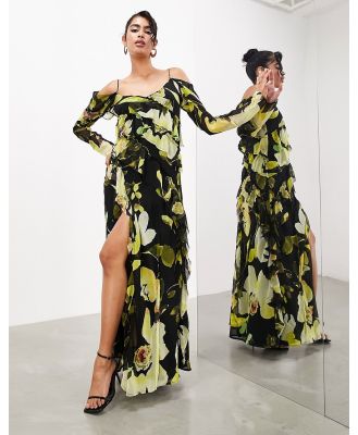 ASOS EDITION long sleeve bias cut maxi dress with raw edge frills in black floral-Multi