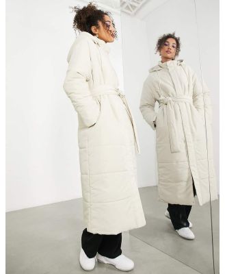 ASOS EDITION longline belted puffer jacket in mushroom-Neutral