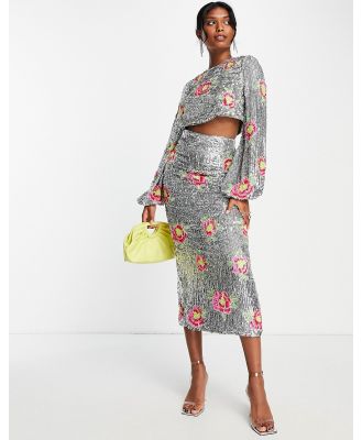 ASOS EDITION midi skirt in floral sequin-Silver