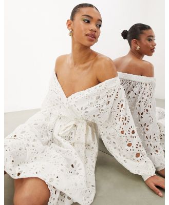 ASOS EDITION off shoulder broderie wrap belted midi dress in white