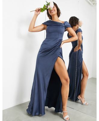 ASOS EDITION satin bardot drape wrap maxi dress in petrol blue-Navy