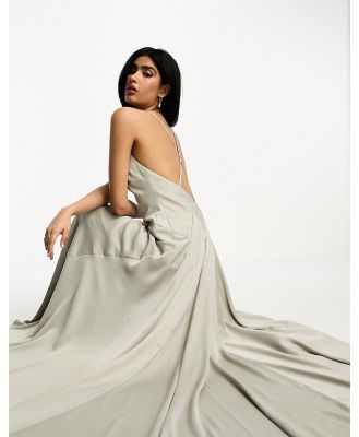 ASOS EDITION satin plunge maxi dress with cross back in sage green