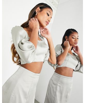 ASOS EDITION satin puff sleeve crop top in sage green (part of a set)