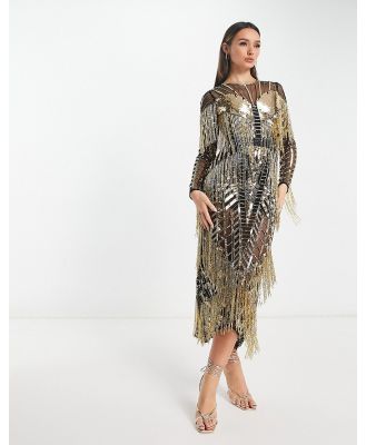 ASOS EDITION sequin and fringe artwork long sleeve bodycon midi dress in black