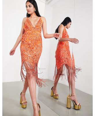 ASOS EDITION sequin cutwork cami midi dress with fringe hot orange