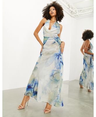 ASOS EDITION sheer statement cowl neck maxi dress in blue watercolour print-Multi