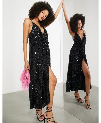 ASOS EDITION twist front sequin cami midi dress with full skirt in black
