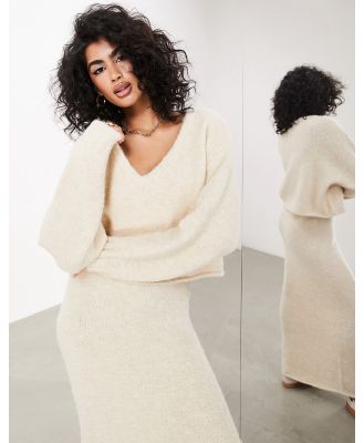 ASOS EDITION v neck long sleeve knitted jumper in stone-Neutral