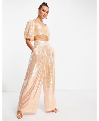 ASOS EDITION wide leg pants with pleat front in apricot sequin (part of a set)-Orange