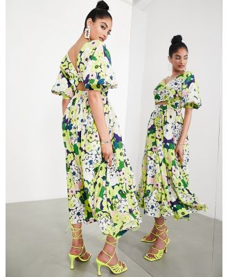 ASOS EDITION wrap front linen midi dress with blouson sleeve in floral print-Multi