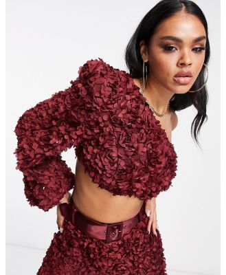 ASOS LUXE 3D lace one shoulder crop top in wine (part of a set)-Red