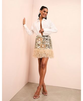 ASOS LUXE all over embellished mini skirt with faux feather hem in gold