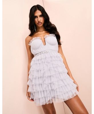 ASOS LUXE bandeau corset ruffle tulle belted mini dress in light grey