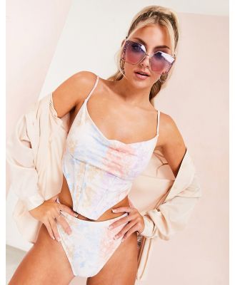 ASOS LUXE cowl neck corset bikini top in toile de jouy print-Multi