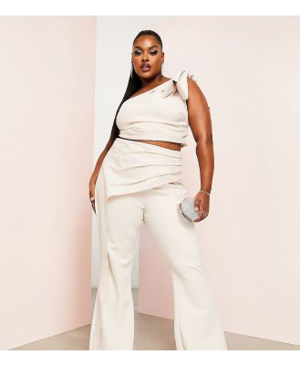 ASOS LUXE Curve kickflare pants with drape detail in ivory (part of a set)-White